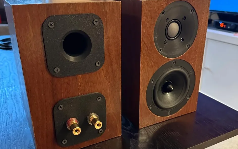 A close view of the wooden speaker cabinets, drivers, rear port, and connections