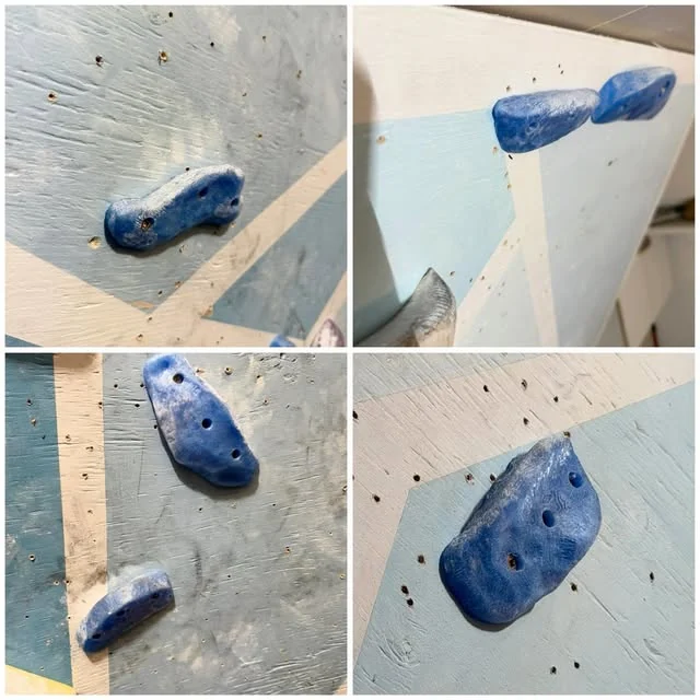 Four views of custom blue climbing holds mounted on a climbing wall