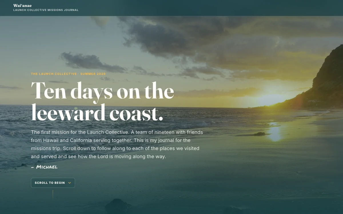 The Waiʻanae journal homepage with a coastal photograph and a Scroll to begin button