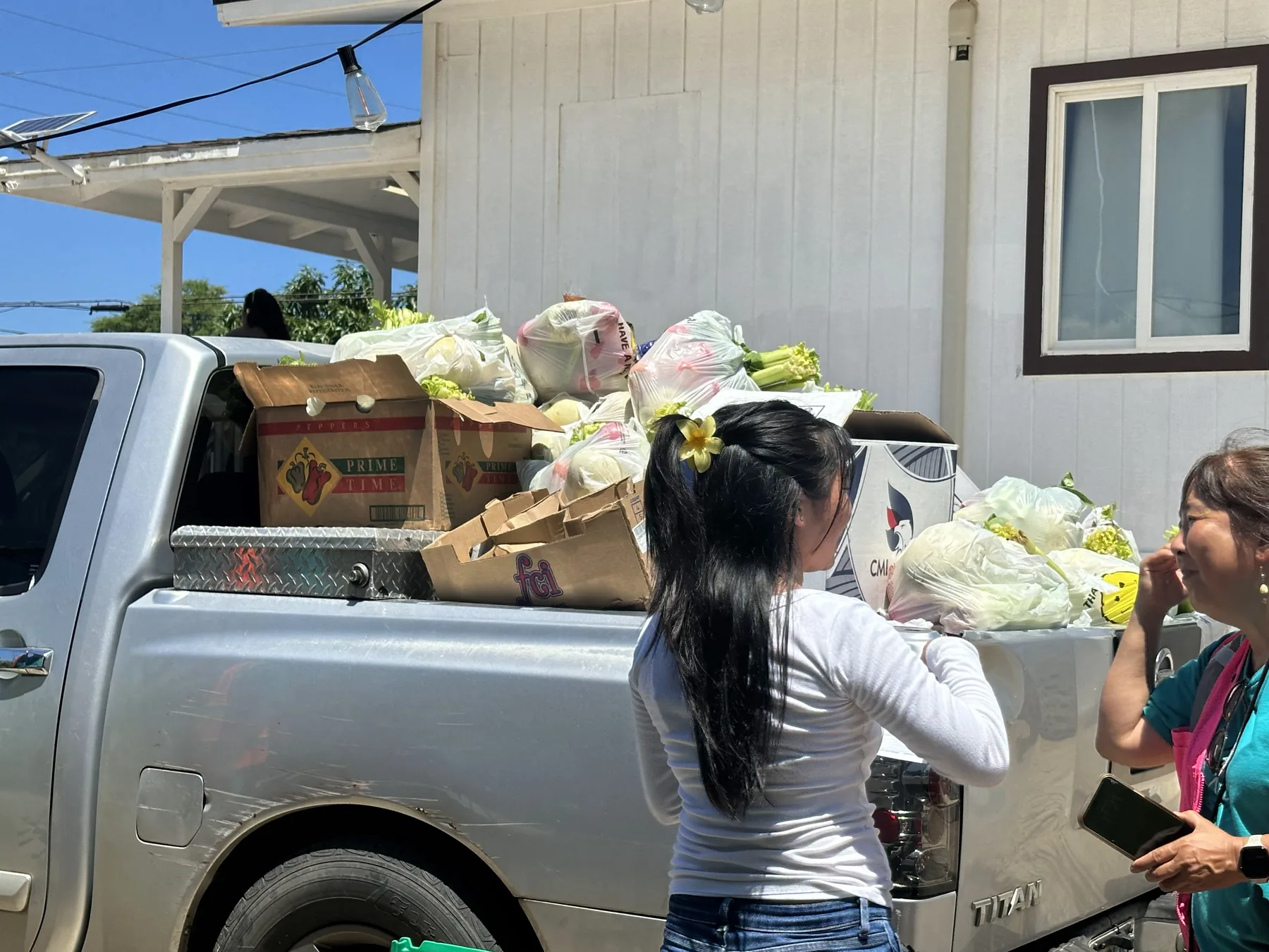 Pickup truck loaded with boxes and bags of food.